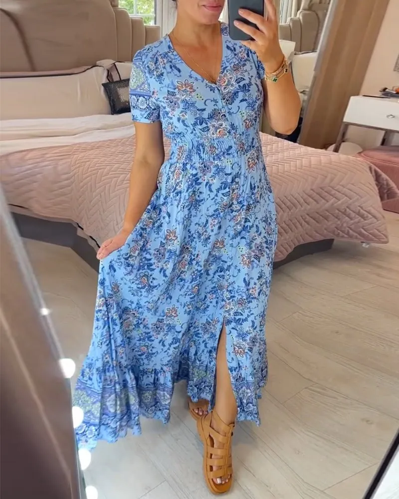 Zyana - Stylish Floral Detailing Woman's Neck Dress