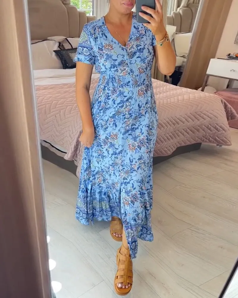 Zyana - Stylish Floral Detailing Woman's Neck Dress
